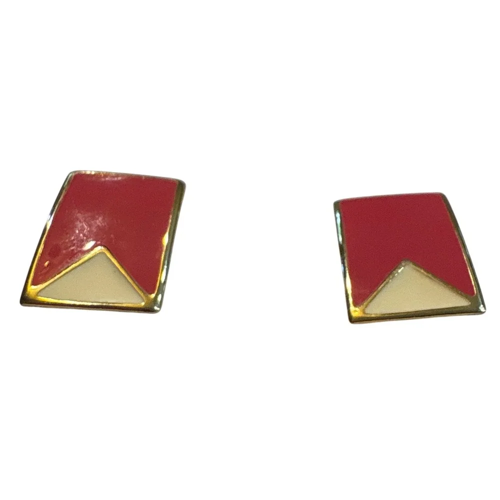 1990s Geometric Pink Cream Enamel Gold Tone Rectangle Stud Earrings Retro Style